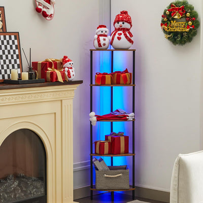 Ymesiyou 5-Tier Corner Bookshelf with LED Light, Corner Bookshelf for Tight Spaces, Narrow Display with Storage Rack, for Living Room, Bedroom, Metal Display Shelf