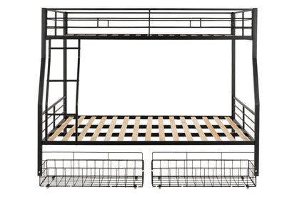 PVWIIK Full Over Queen Bunk Bed with Storage Drawers for Kids,Heavy Duty Bunk Bed w/Ladder & Full Length Guardrail No Box Spring Needed,for Dorm,Bedroom,Guest Room, Black