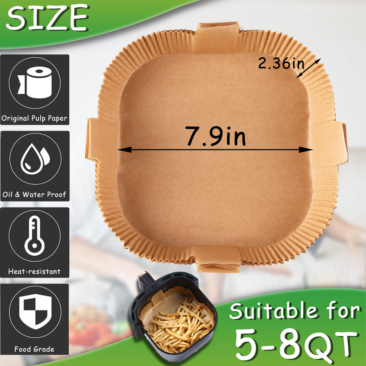 Air Fryer Disposable Paper Liner - 50PCS 7.9 In Square Non-Stick Parchment Insert Sheet, Oil-proof, Water-proof Baking Filter for 5 6 7 8 Qt Airfryer Basket, Oven, Pan, Papel Para Freidora De Aire PADIMAT