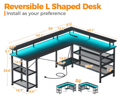 ODK 59" L Shaped Gaming Desk with LED Lights, Power Outlets, and Storage Solutions in Black Carbon Fiber - WoodArtSupply