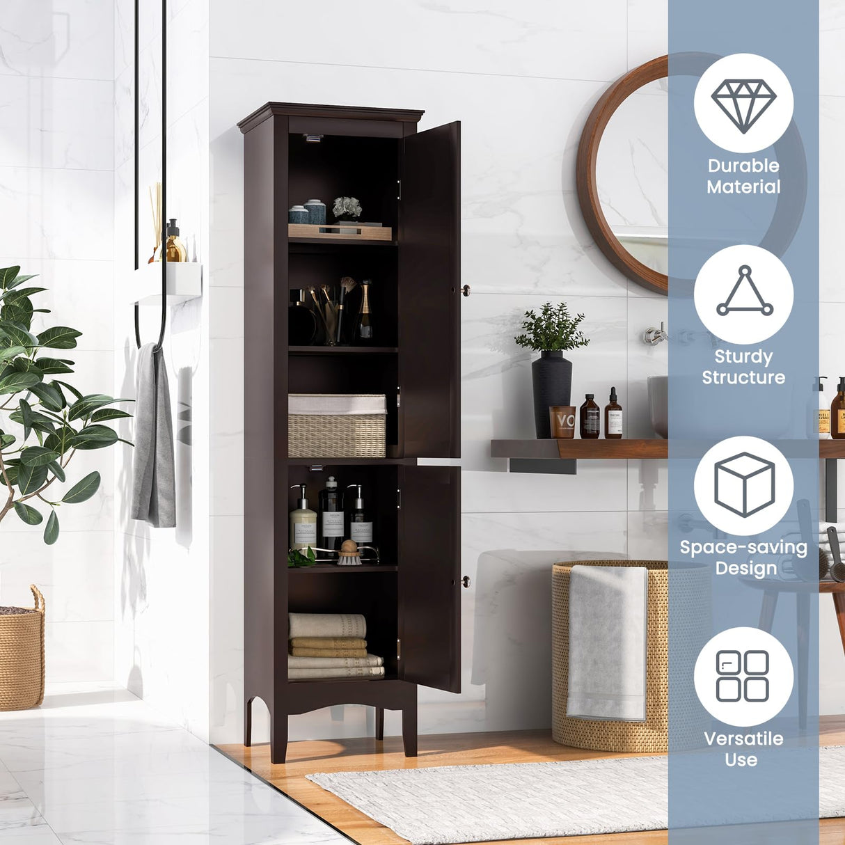 Tangkula 63" Freestanding Slim Bathroom Storage Cabinet with Adjustable Shelf and Elegant Louvered Doors Tangkula