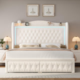 Keyluv 55" Tall Velvet Upholstered King Bed Frame with LED Lights and 2 Storage Drawers Keyluv