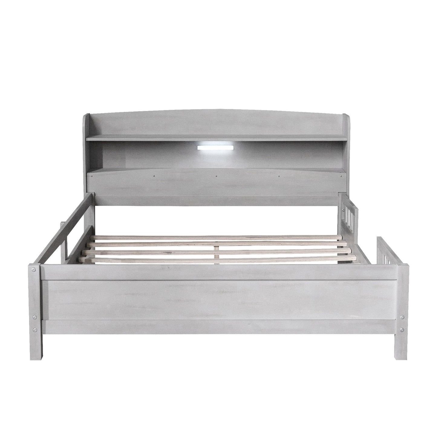 Bellemave Full Size Low Platform Bed with LED Light, Storage Headboard & Safety Rails for Kids in Grey - WoodArtSupply