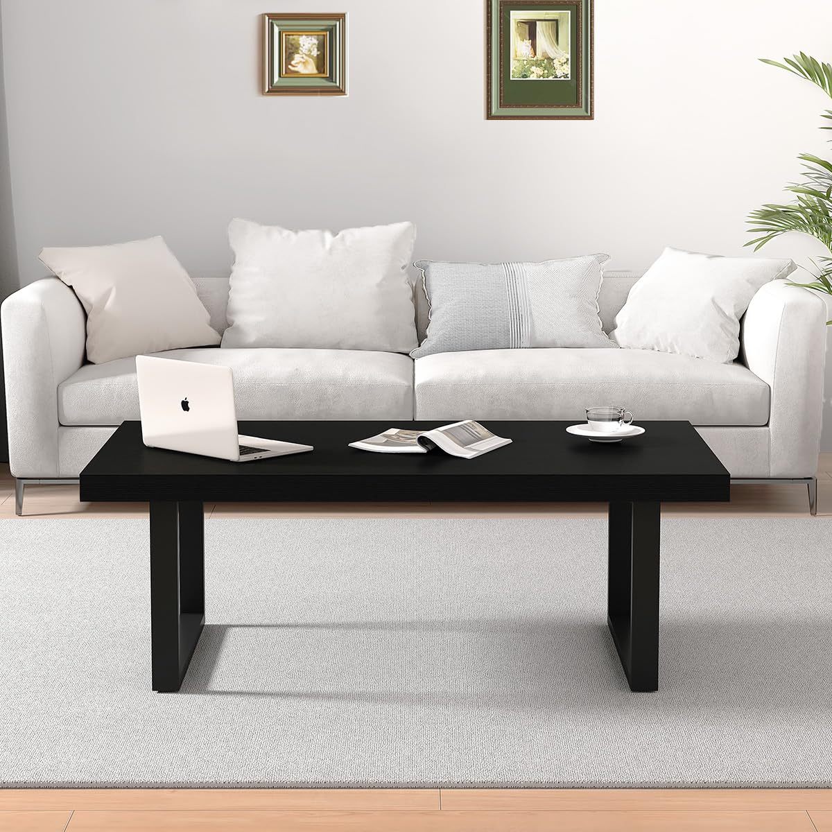 IBF Black Coffee Table, Minimalist Industrial Wooden Center Table, Modern Simple Rectangle Living Room Table, Farmhouse Wood and Metal Cocktail Coffee Table for Home Bedroom Office, Black Oak, 39 inch IBF