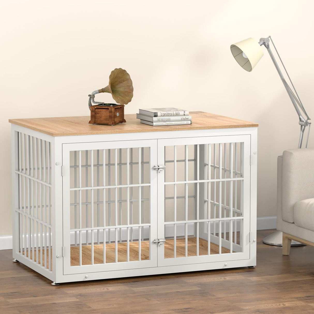 rehomerance Rustic Heavy Duty Dog Crate Furniture for Extra Large Dogs, Decorative Pet House End Table, Wooden Cage Kennel Furniture Indoor, XL, White and Natural rehomerance