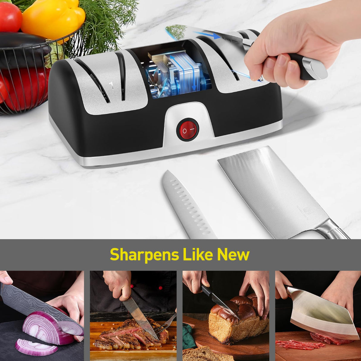 Secura 2-Stage Electric Knife Sharpener with Diamond Abrasives and Precision Angle Guides, Professional Sharpening Tool for Kitchen Straight Edge and Ceramic Knife, Black Secura