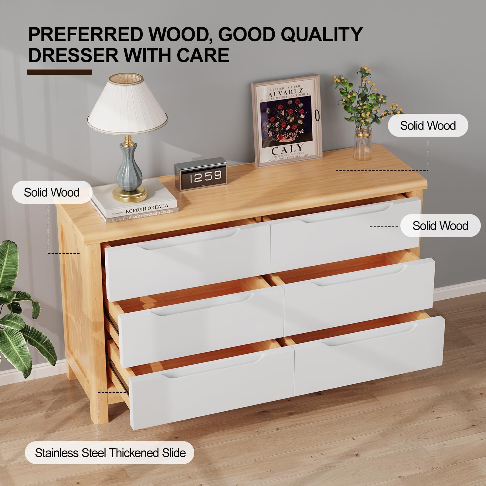 Polynices Bedroom Dressers with Drawers,Large Natural Wood Dresser & Chests of 6 Drawers Storage Organizer, Modern Wide Dresser for Bedroom, Kids Bedroom, Hallway White - WoodArtSupply