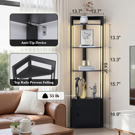 5-Tier Corner Shelf with RGB LED Light, 65" Tall Display Cabinet with Storage, Remote & APP Control, Adjustable Brightness/Color Temp, Floor Lamp with Shelves for Living Room Bedroom (Black) Eclathome