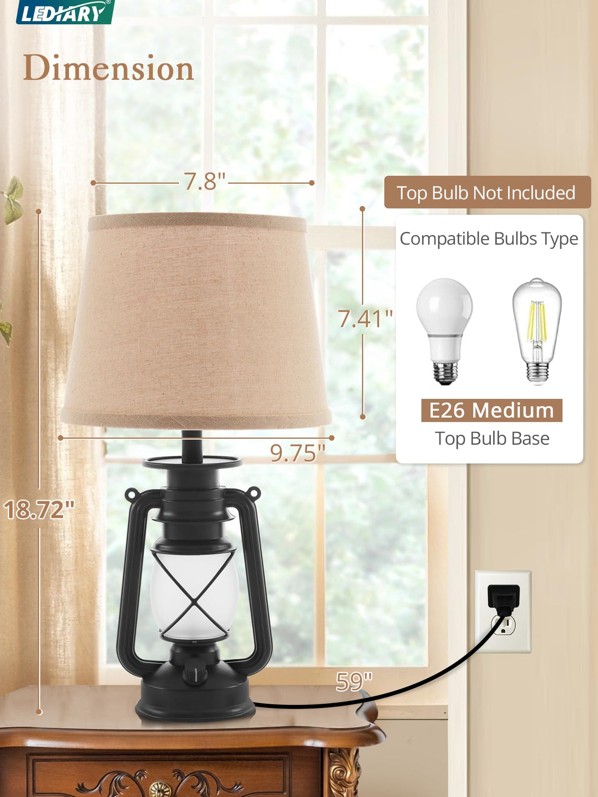 LEDIARY 18.72" Black LED Lantern Flickering Flame Table Lamps for Bedrooms Set of 2, Small Farmhouse Rustic End Table Lamps, Halloween Decorative Lantern Bedside Lamps for Living Room LEDIARY