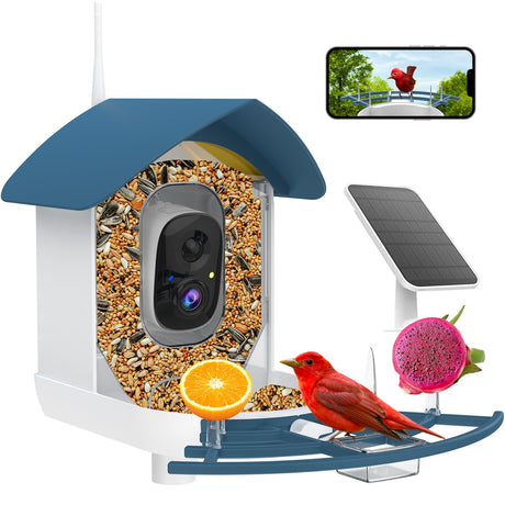 Bird Feeder with Camera,AI Identify Birds Species,Smart Birds Camera with Solar Powered,Auto Record 1080P Birds Video in Backyard,Instant Notifications,Ideal Gifts for Family and Bird Lovers,Navy Blue Fazoxo