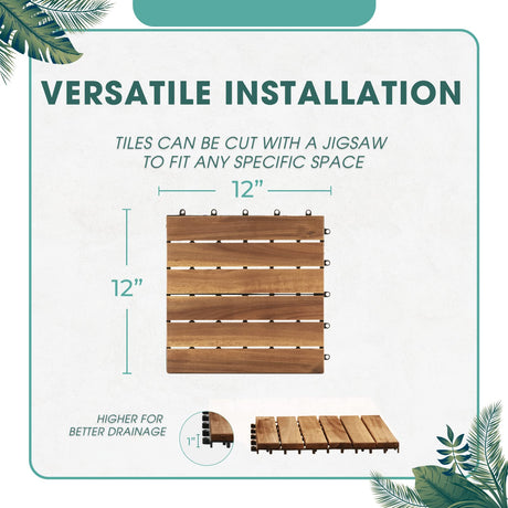 Interlocking Deck Tiles - 10PCS Waterproof Acacia Wood Patio Tiles, Flooring Tiles for Both Indoor and Outdoor - Decking Stripe Pattern, Golden Teak, 12 x 12 x 0.9 inches IDZO