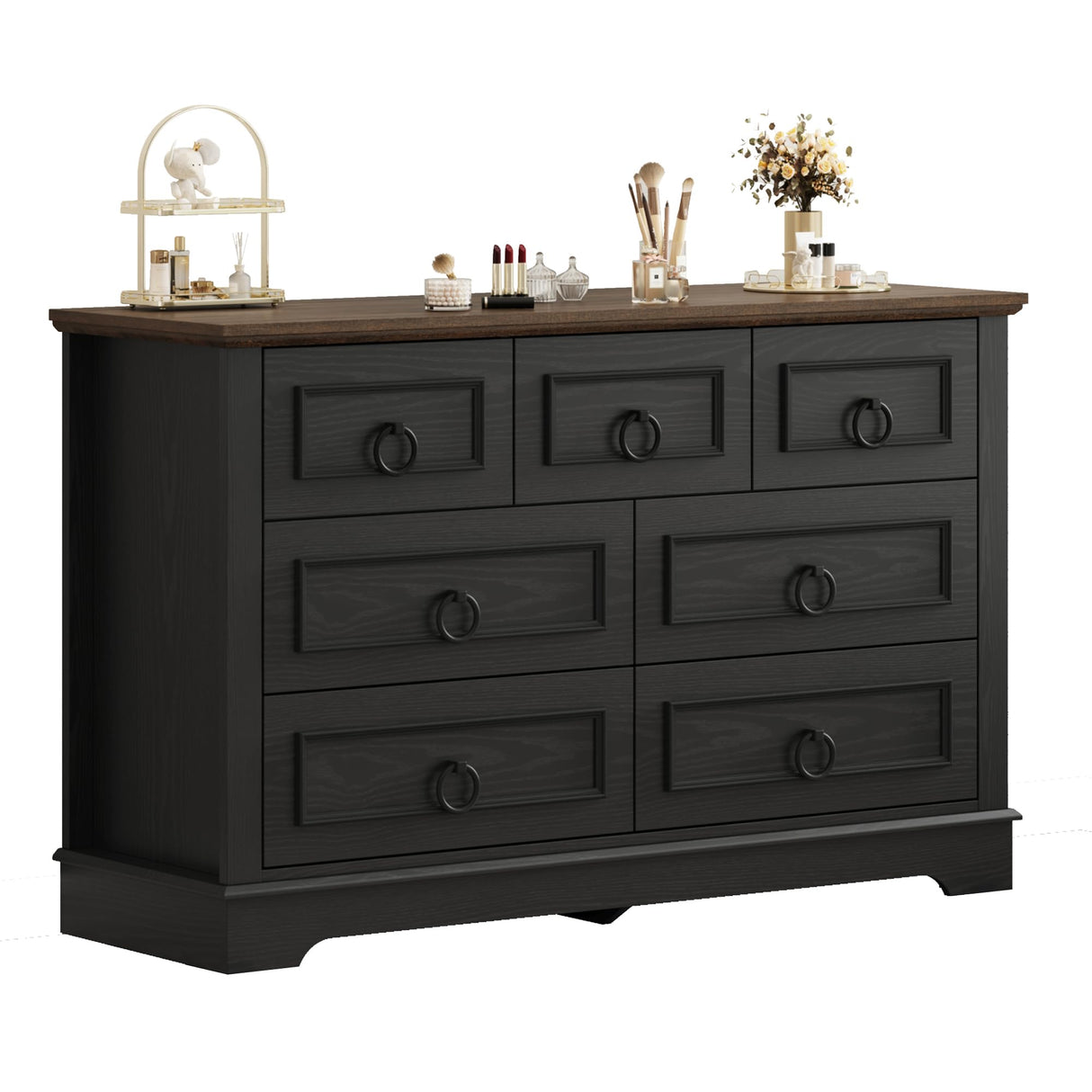 LIKIMIO Farmhouse Dresser for Bedroom with 7 Drawer, 47.2" Wide Wood Rustic Chest of Drawers with Round Metal Handle, Thickened Desktop, Storage Dressers for Bedroom, Hallway, Entryway, Black LIKIMIO