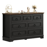 LIKIMIO Farmhouse Dresser for Bedroom with 7 Drawer, 47.2" Wide Wood Rustic Chest of Drawers with Round Metal Handle, Thickened Desktop, Storage Dressers for Bedroom, Hallway, Entryway, Black LIKIMIO