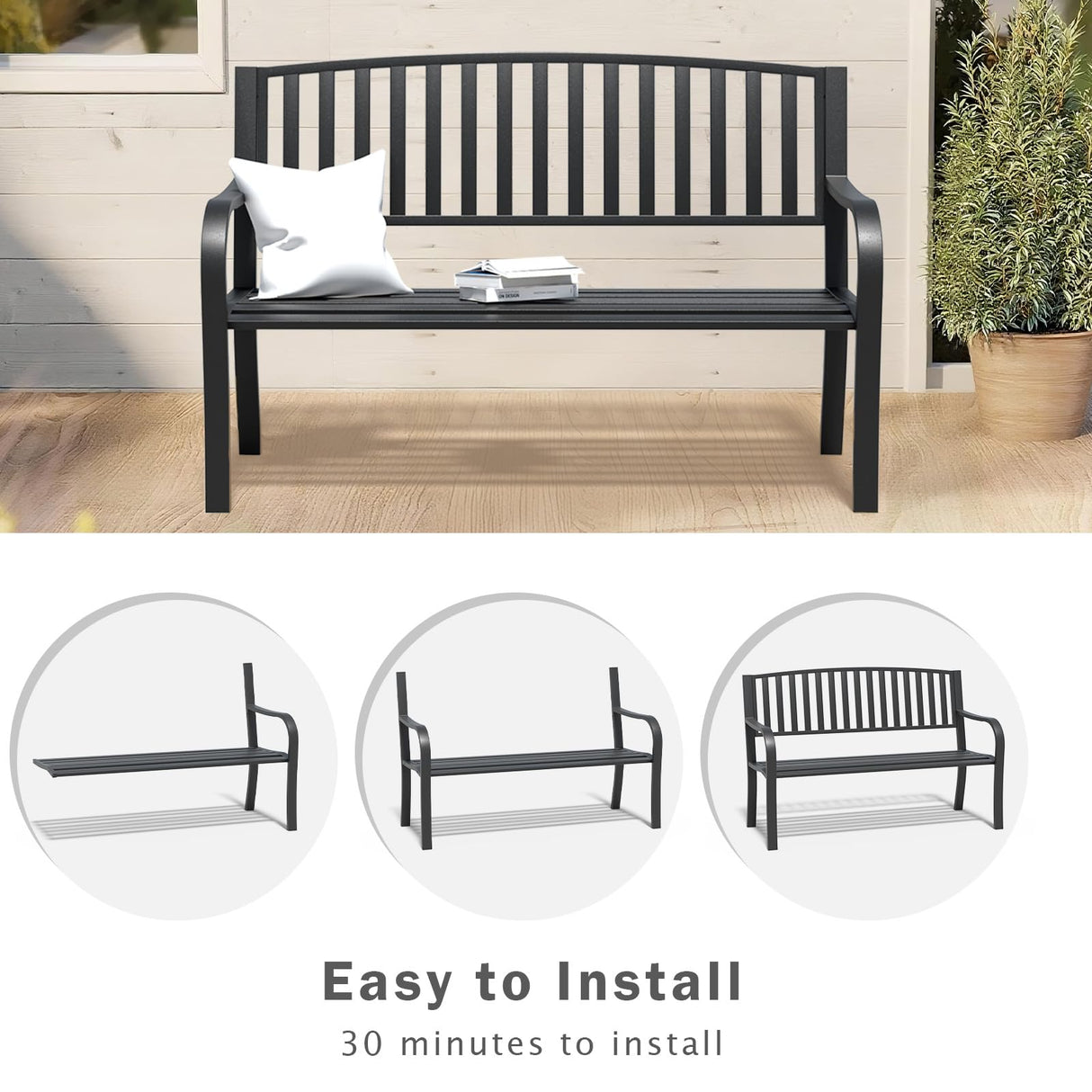 SHGJ&SOFT 50" Outdoor Bench Metal, Heavy-Duty Garden Bench Outdoor, Weatherproof Cast Iron Frame, 500LB Capacity Anti-Rust Patio Park Bench for Porch, Yard, Lawn SHGJ&SOFT