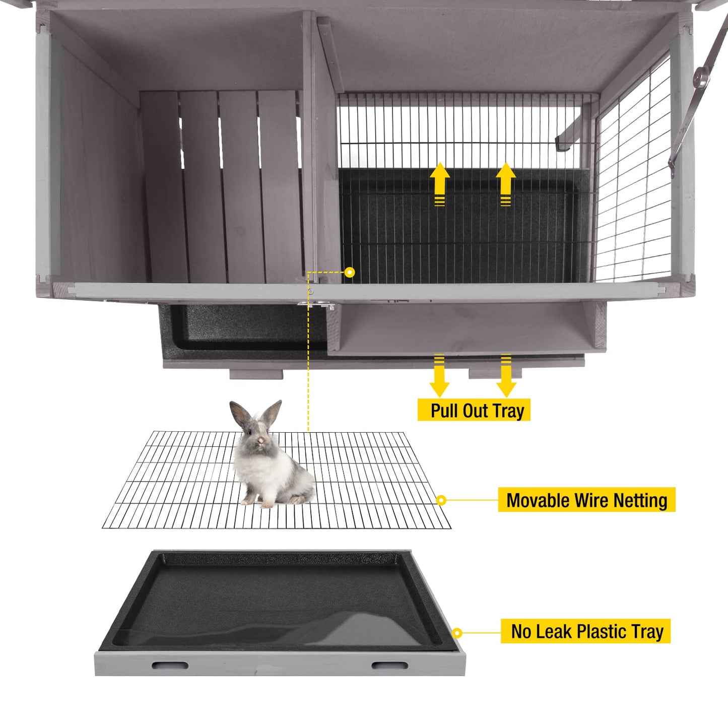 Aivituvin Outdoor Rabbit Hutch, Wooden Bunny Cages Indoor with Deeper Leakproof Tray - Upgrade with Metal Wire Pan - WoodArtSupply