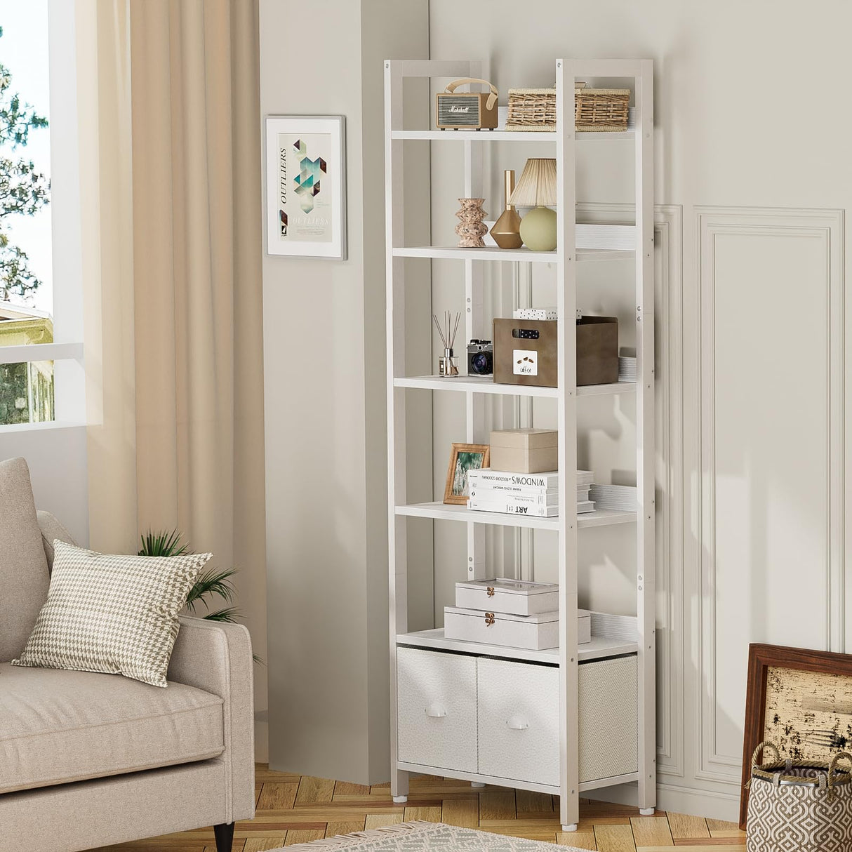 Furologee White 6 Tier Bookshelf with Drawers, Tall 71" Bookcase with Shelves, Modern Wood and Metal Bookshelves Storage Organizer, Display Free Standing Shelf Unit for Bedroom, Living Room, Office Furologee