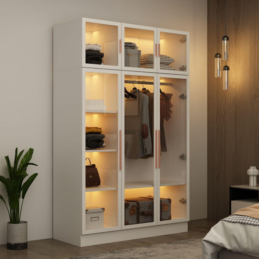 MOUMON Glass Wardrobe Closet with Lights, Armoires and Wardrobes with Glass Doors and Shelves, Rose Gold Handles, Armoire Wardrobe with Hanging Rod, White (47.2”W x 19.2”D x 74.8”H)