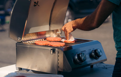 Monument Grills Tabletop Propane Gas Grill for Outdoor Portable Camping Cooking with Travel Locks, Stainless Steel High Lid, and Built in Thermometer