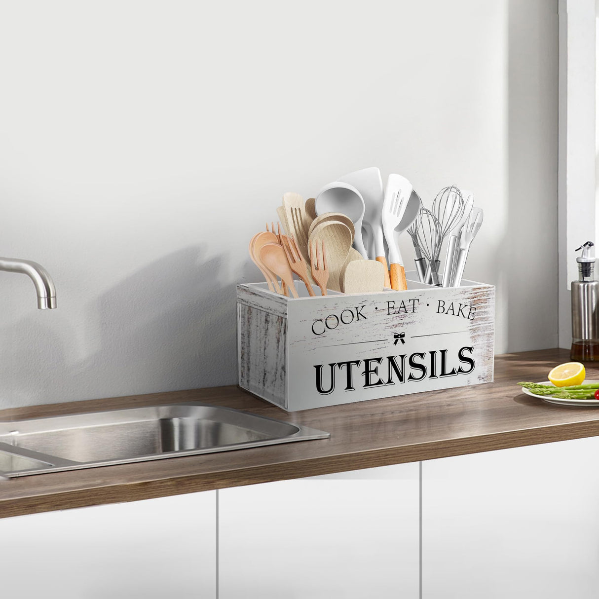 Suli Extra Large Kitchen Utensils Holder with 4 Compartments, Wooden Utensil Organizer for Kitchen Countertop, Farmhouse Kitchen Decor, Rustic Cooking Utensil - White grain Suli