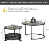 Belord Versatile Nesting Round Coffee Tables Set of 2 for Living Room Tempered Glass Black Metal Stacking Nesting Table with Casters and Storage Belord