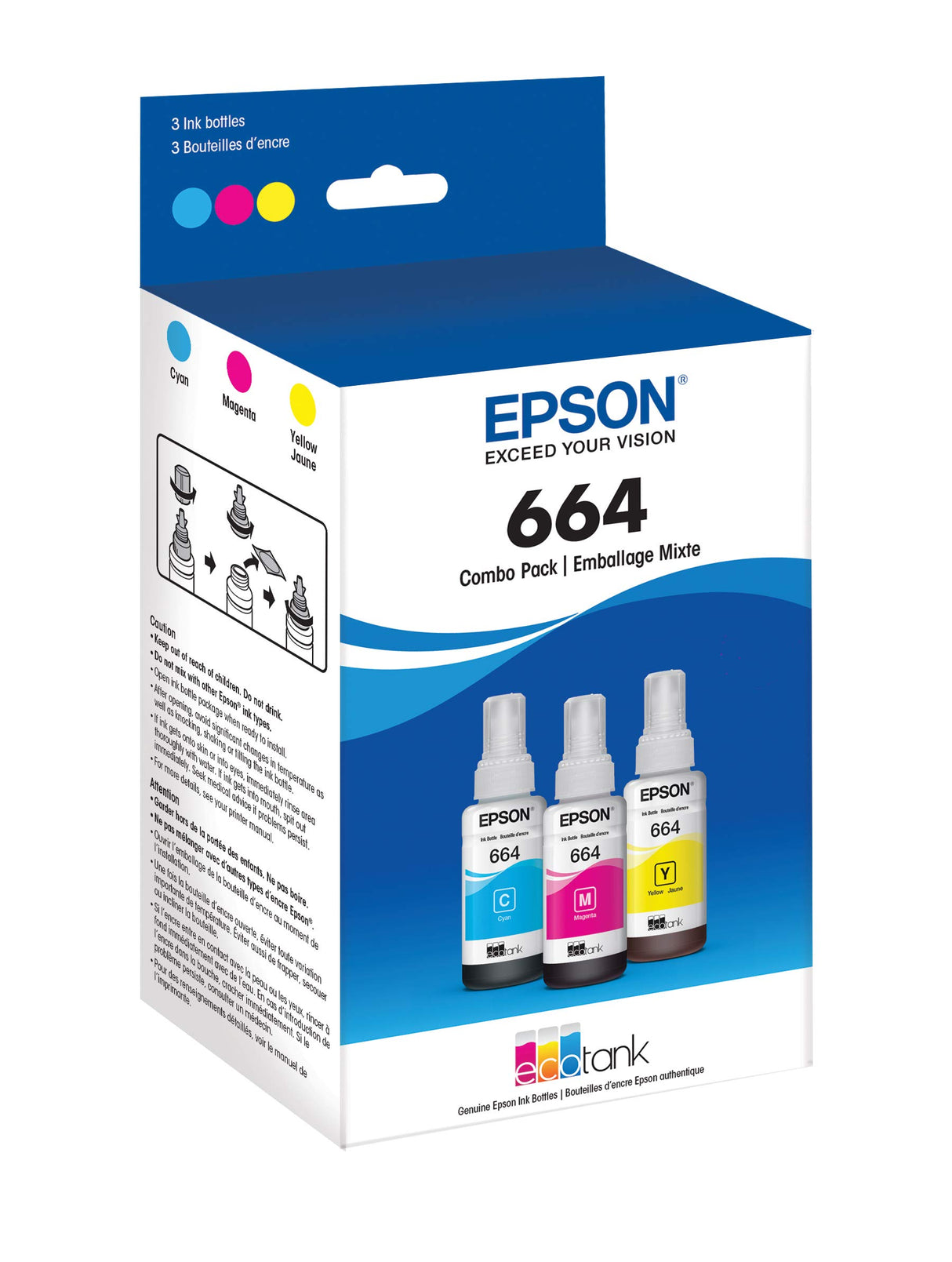 EPSON 664 EcoTank Ink Ultra-high Capacity Bottle Three Color CMY Combo Pack (T664520-S) Works with EcoTank ET-2500, ET-2550, ET-4500, ET-4550, ET-2600, ET-2650, ET-3600, ET-16500 Epson