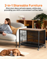 Dog Crate Furniture, 2024 New Furniture Style Dog Crate with Removable Tray and Wheels, Heavy-Duty Double-Doors Dog Cage End Table, 32.5" Wooden Dog Kennel, Indoor Dog House for Large Dogs, Brown GAOMON