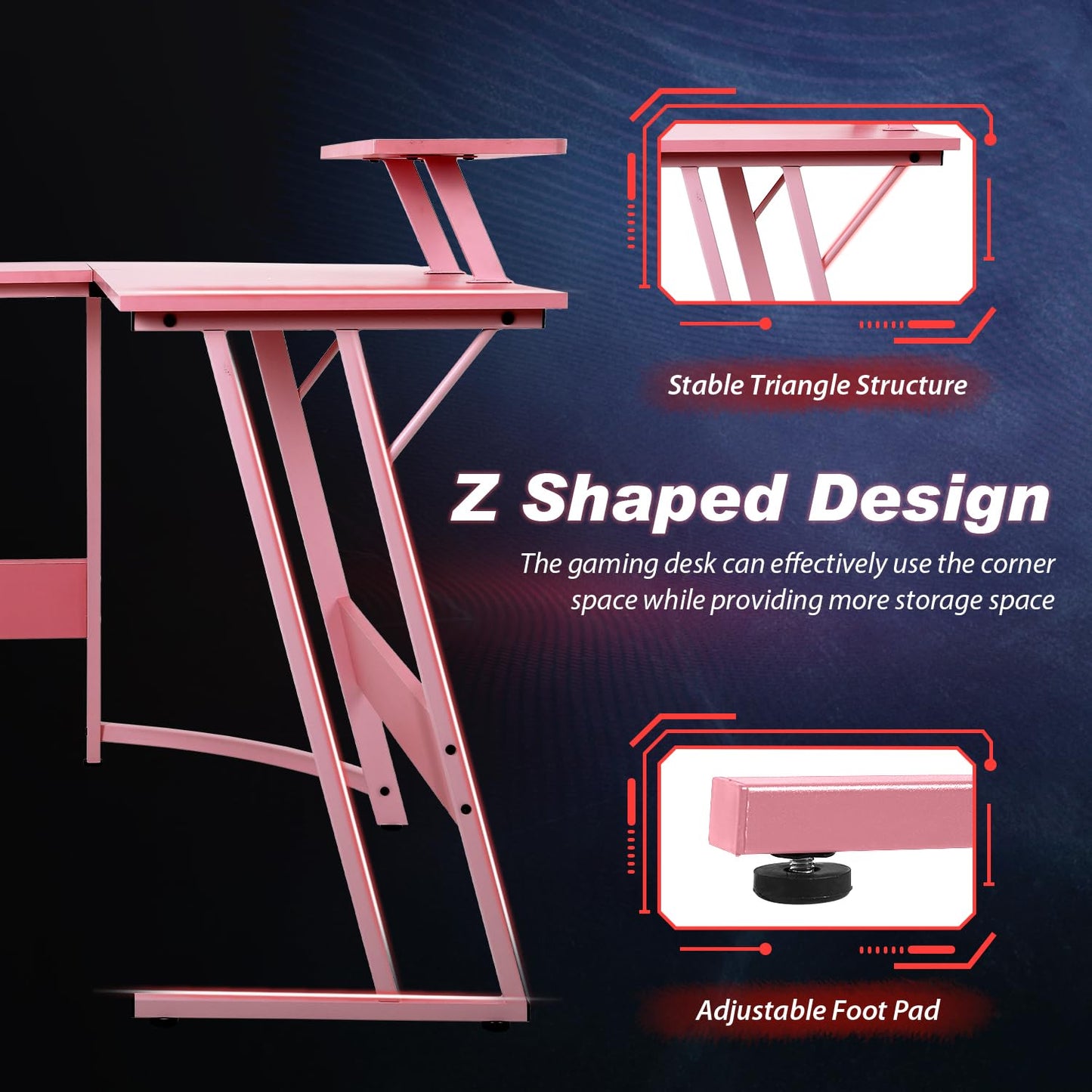 Yewuli 51-inch L Shaped Gaming Desk,Girl‘s Computer Desk, Pink L Shaped Desk for Gaming,Home Office Desks with Detachable Monitor Stand, Corner Desk for Corner,Large,Carbon Fiber,Pink