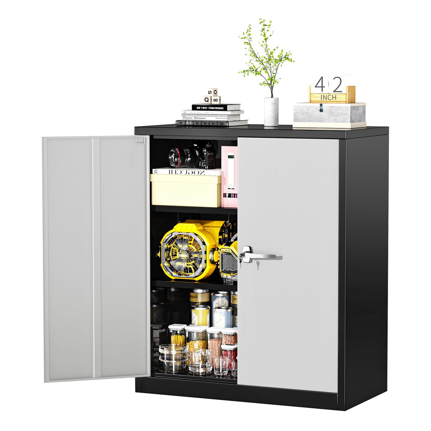 Greenvelly Metal Storage Cabinet,42” Lockable Storage Cabinet with Doors and Adjustable Shelves, Steel File Cabinet with Lock for Garage,Home,School,Pantry(Black Grey) - WoodArtSupply