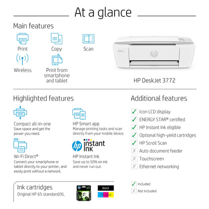 HP DeskJet 3772 All-in-One Color Inkjet Printer Scanner and Copy, Instant Ink Ready, Wireless Printers for Home and Office, Photo Print, Built-in WiFi, T8W88A (Renewed)