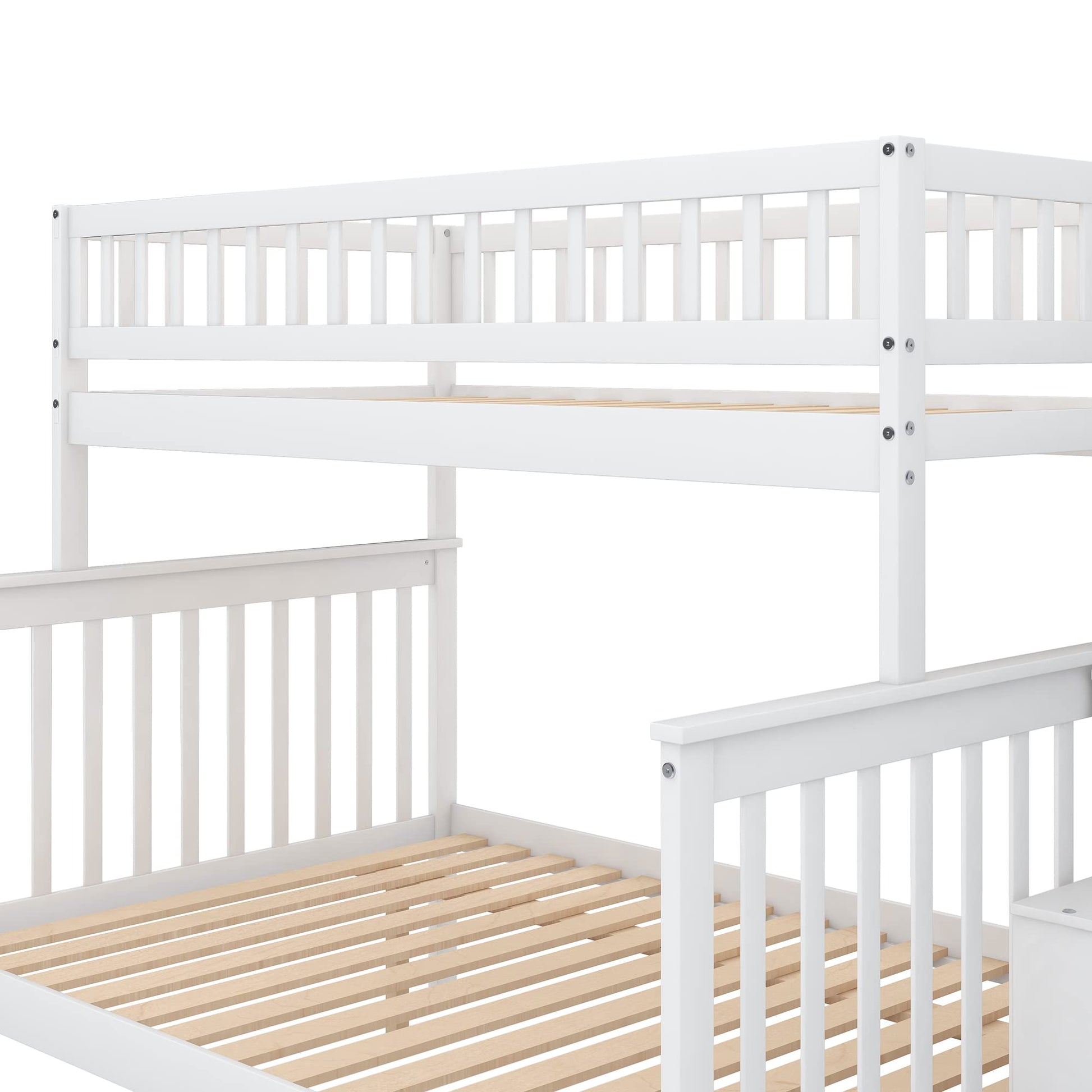 Merax Twin-Over-Full Bunk Bed with Trundle and Storage Staircase in White - WoodArtSupply