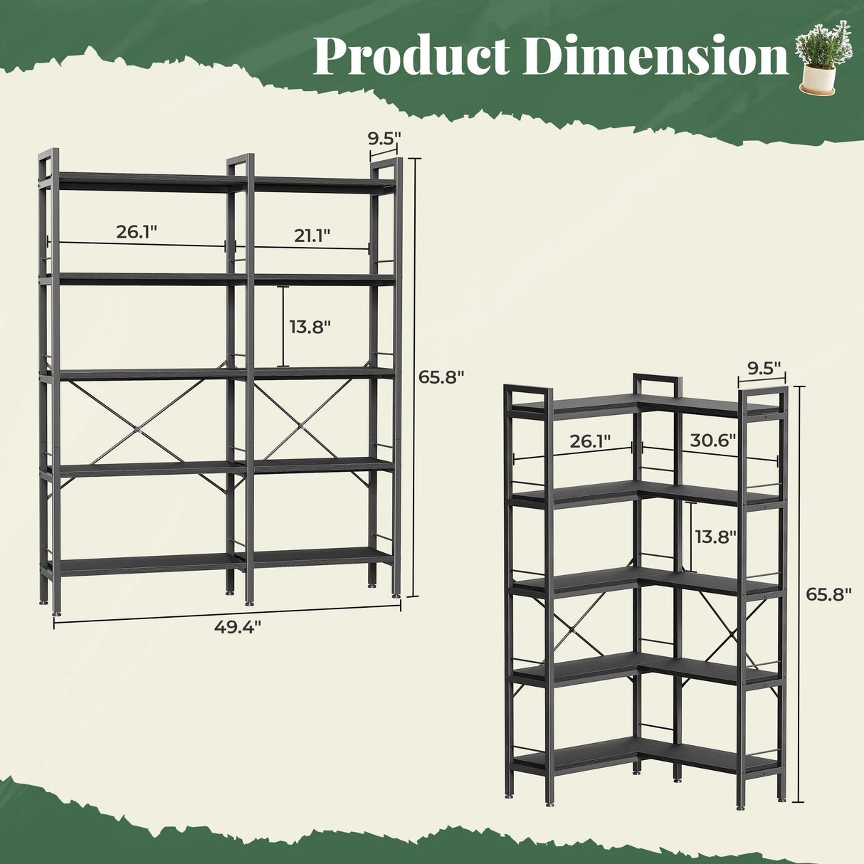 Huuger 5 Tier Bookshelf, L Shaped Corner Bookshelf with 10 Open Shelves, 49.4 Inch Straight Wide Bookcase with Metal Frame and Wooden Board, Adjustable Feet, Black Huuger