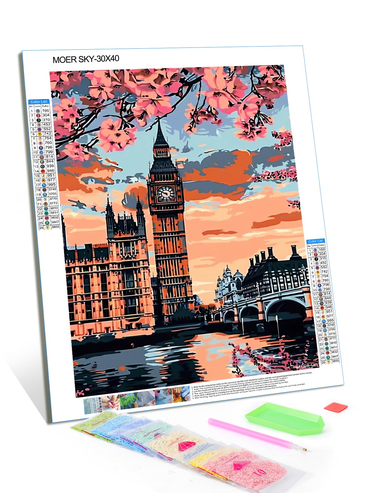 MOER SKY 5D Big Ben in London with Cherry Blossoms Diamond Painting Set for Adults DIY Landscape Diamond Art Kits for Beginner for Gift Wall Decor 12x16 inch MOER SKY