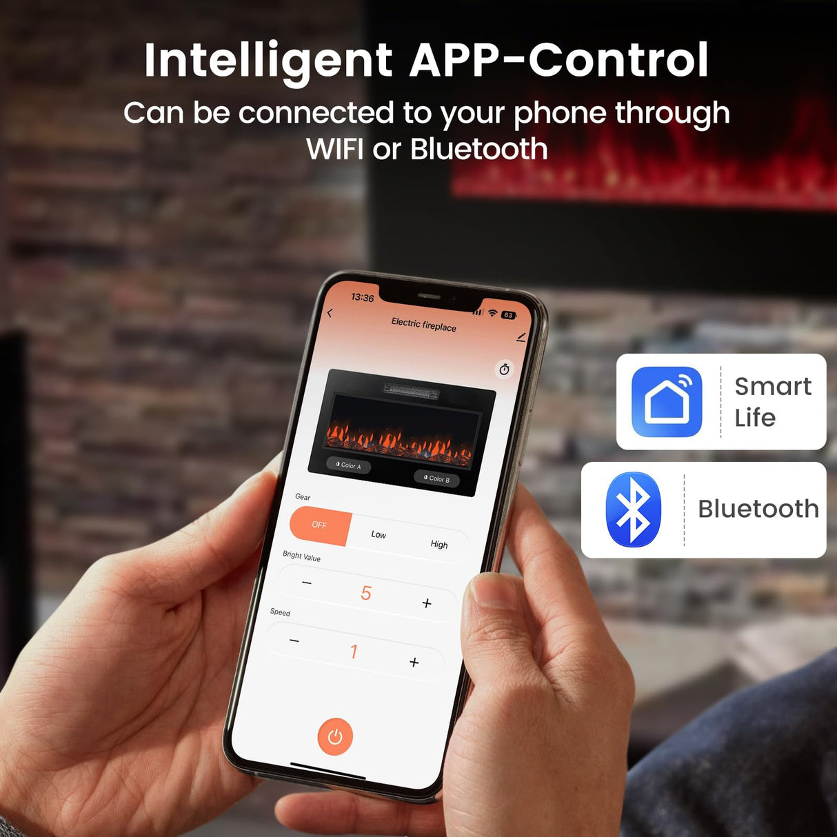 COSTWAY Ultra-Thin Electric Fireplace 72-inch Wide, 750W/1500W Wall-Mounted and Recessed Fireplace Heater with 12 Flame and Flame Bed Color, Remote and Smart APP Control, Decorative Crystal Included COSTWAY