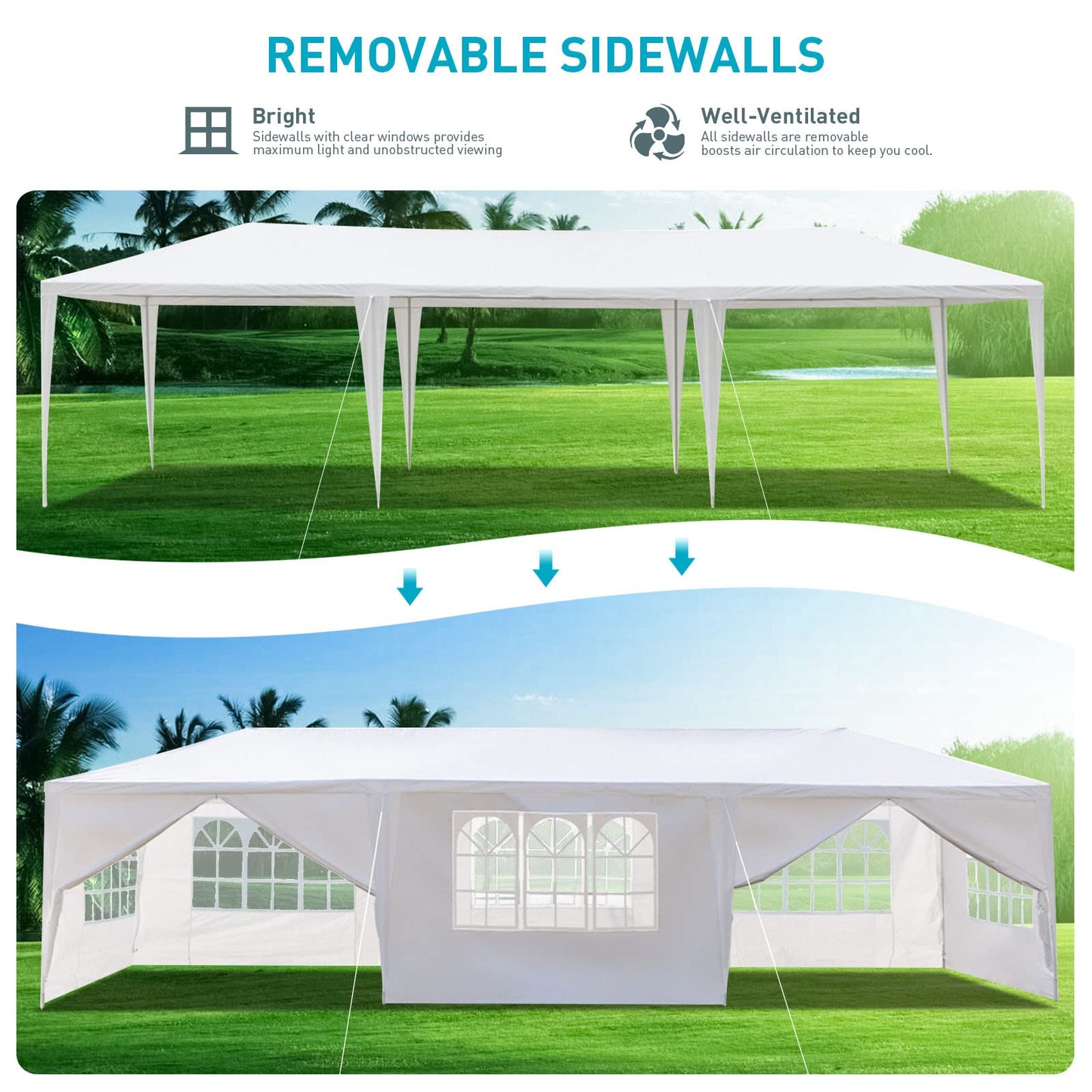 10'x30' Party Tent, Outdoor Tents for Parties, Wedding and Birthday, White Large Canopy Tent with 8 Removable Sidewalls & Transparent Windows, Outside Gazebo Event Tent for Garden, Patio and Backyard