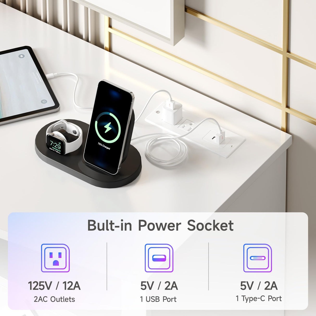 ONBRILL LED TV Stand for 80 Inch TV, Entertainment Center with Power Outlets, Modern TV Console Gaming Media Television Stands with Storage for Living Room, Bedroom, Gaming Room, 70 Inch, White ONBRILL