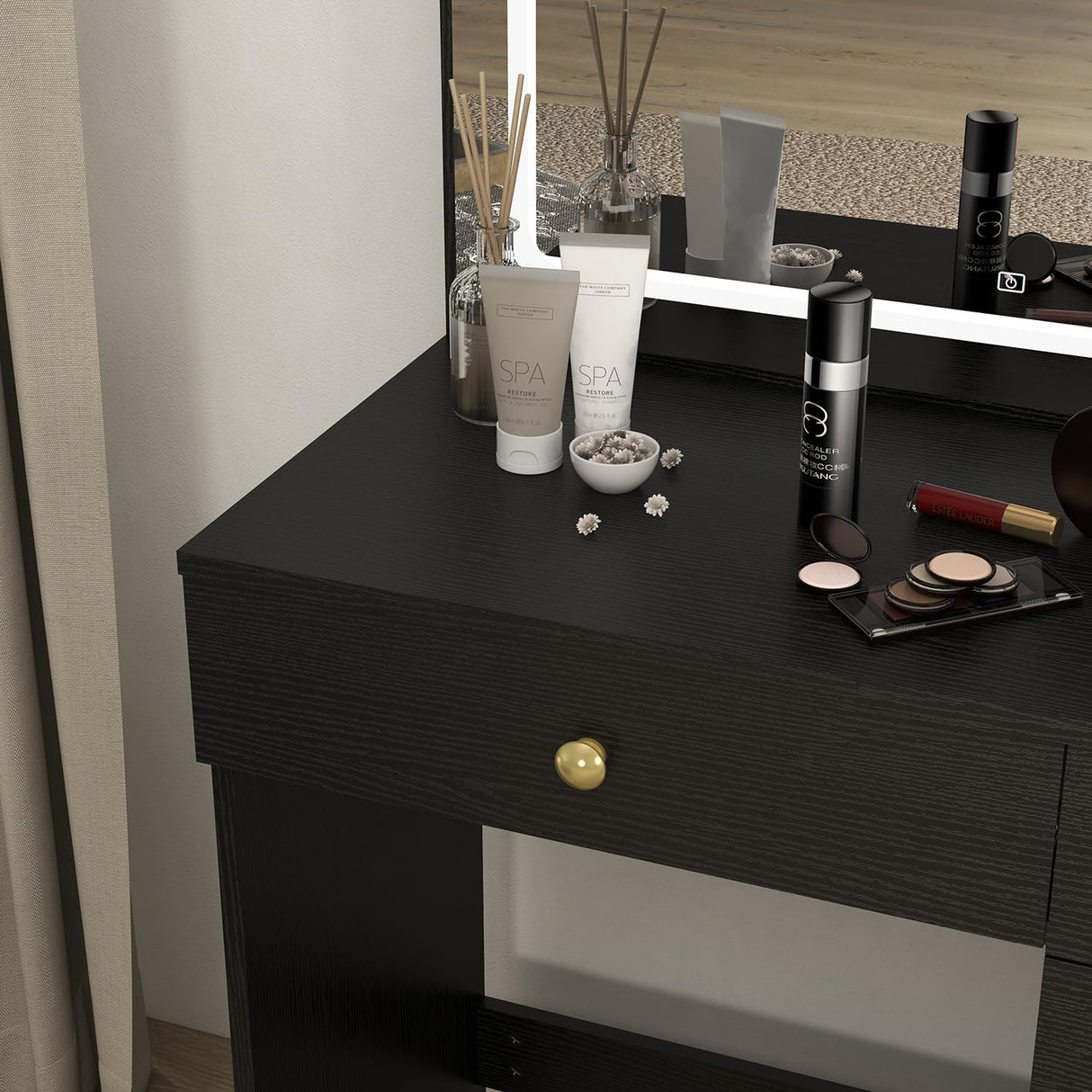 Makeup Vanity with Large Lighted Mirror, Vanity Desk with 5 Drawers Vanity Set with Power Outlet 3 Color Lighting Modes Dressing Table for Women Girls (Black) Panana