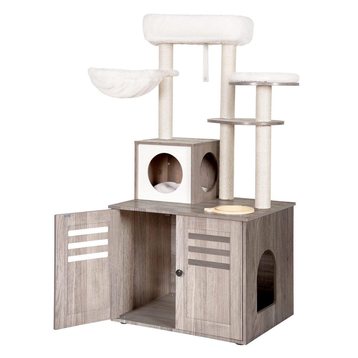 Heybly Cat Tree, Wood Litter Box Enclosure with Food Station, All-in-one Indoor Cat Furniture with Large Platform and Condo, Modern Style Cat Tower, Hammock, Rustic Gray HCT100SG Heybly