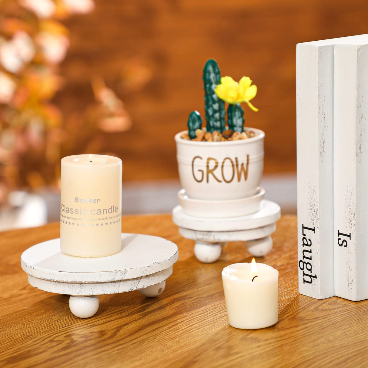 Pedestal Mini Round Riser Stand , Wood, Rustic Farmhouse for Home Kitchen Tiered Tray Decor , 3 Pieces (Washed White, 5/4/3 Inch) Amyhill