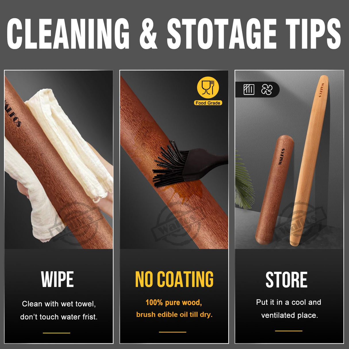 Walfos French Rolling Pin Set - Natural Wooden Rolling Pins (8inch, 15.7inch), Baking Dough Roller for Pizza, Pie, Pasta, Bread, Pastry, No Coating Walfos