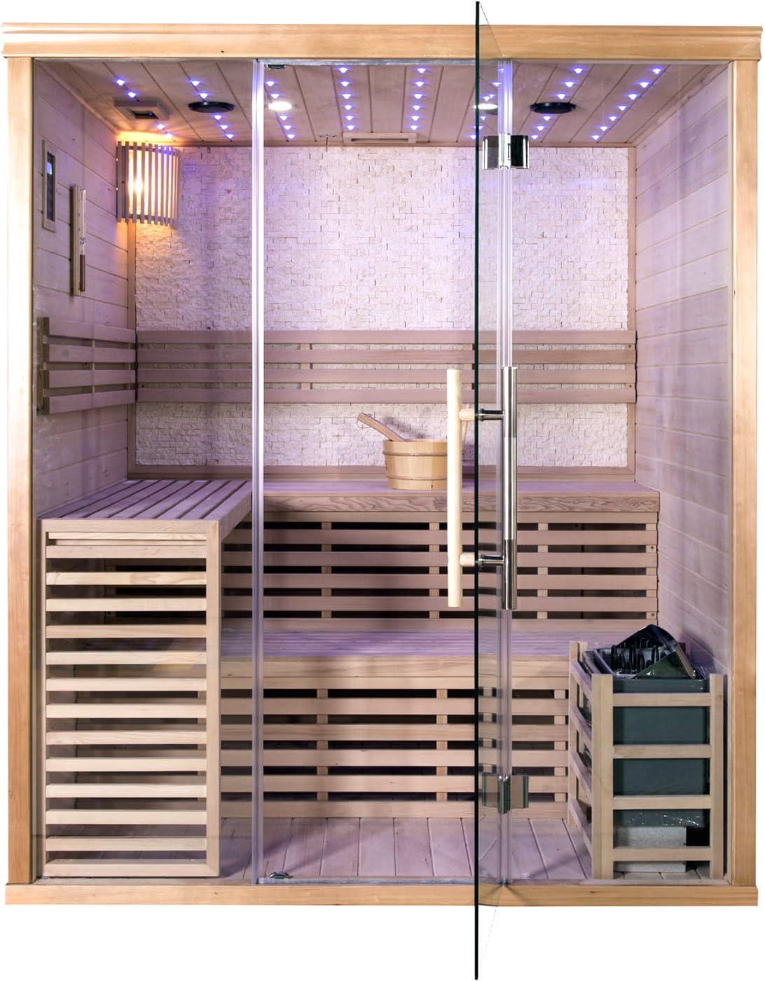 Canadian Hemlock Wood Traditional Swedish Wet or Dry 4-5 Person Glass Wall Sauna, with 6KW Heater, Rocks, Water Bucket, Ladle, LED Lights MCP-Distributions