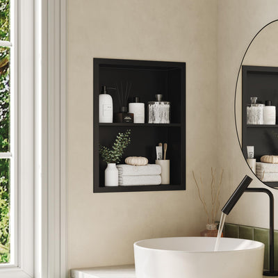 Qeke 14x18 Medicine Cabinet Recessed, Medicine Cabinet Without Mirror, 304 Stainless Steel Medicine Wall Niche with Double Shelves, Matte Black