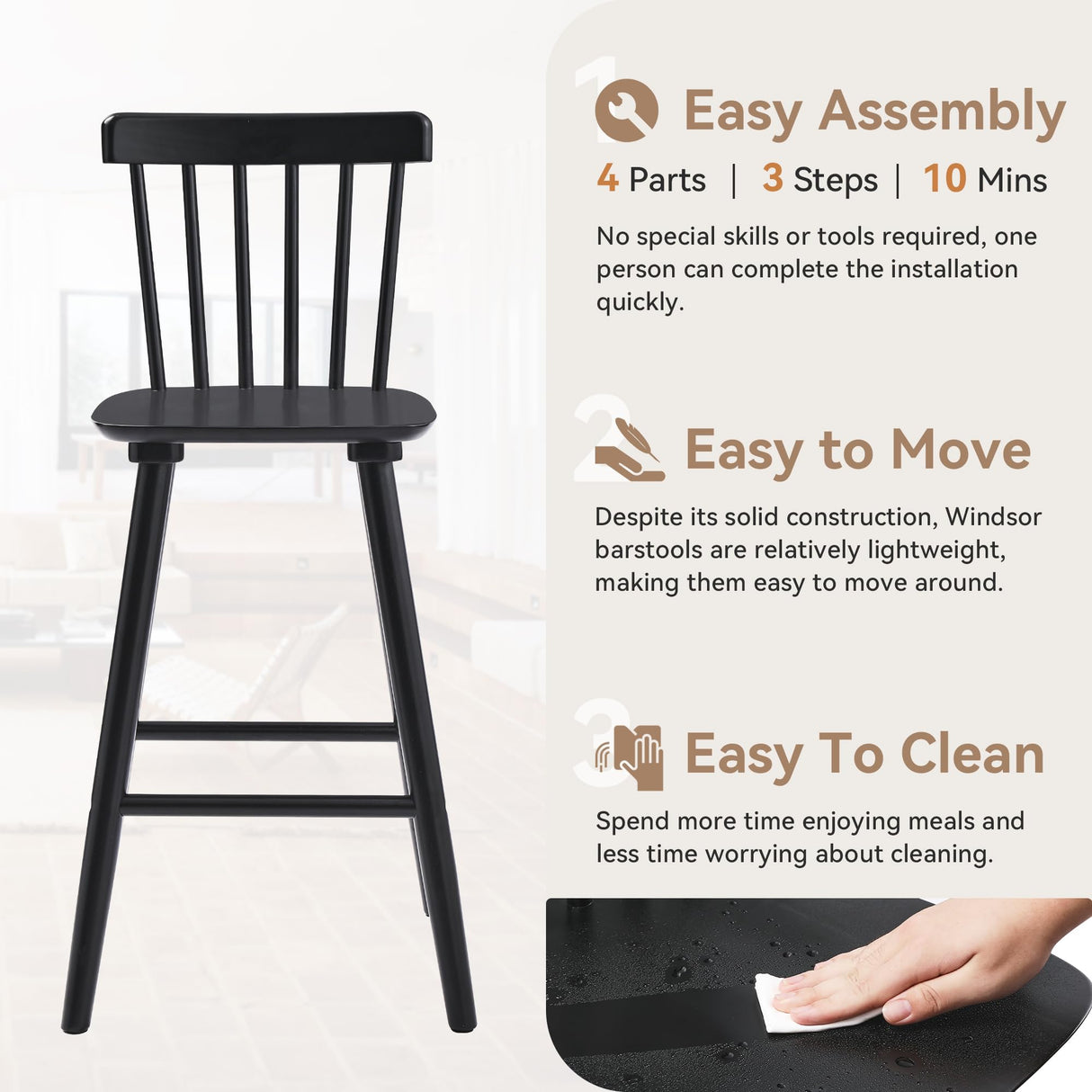 LUE BONA Windsor Wooden Bar Stools Set of 3 for Kitchen Island, Farmhouse 26 Inch Counter Height Stools Chairs with Spindle Back, Black LUE BONA