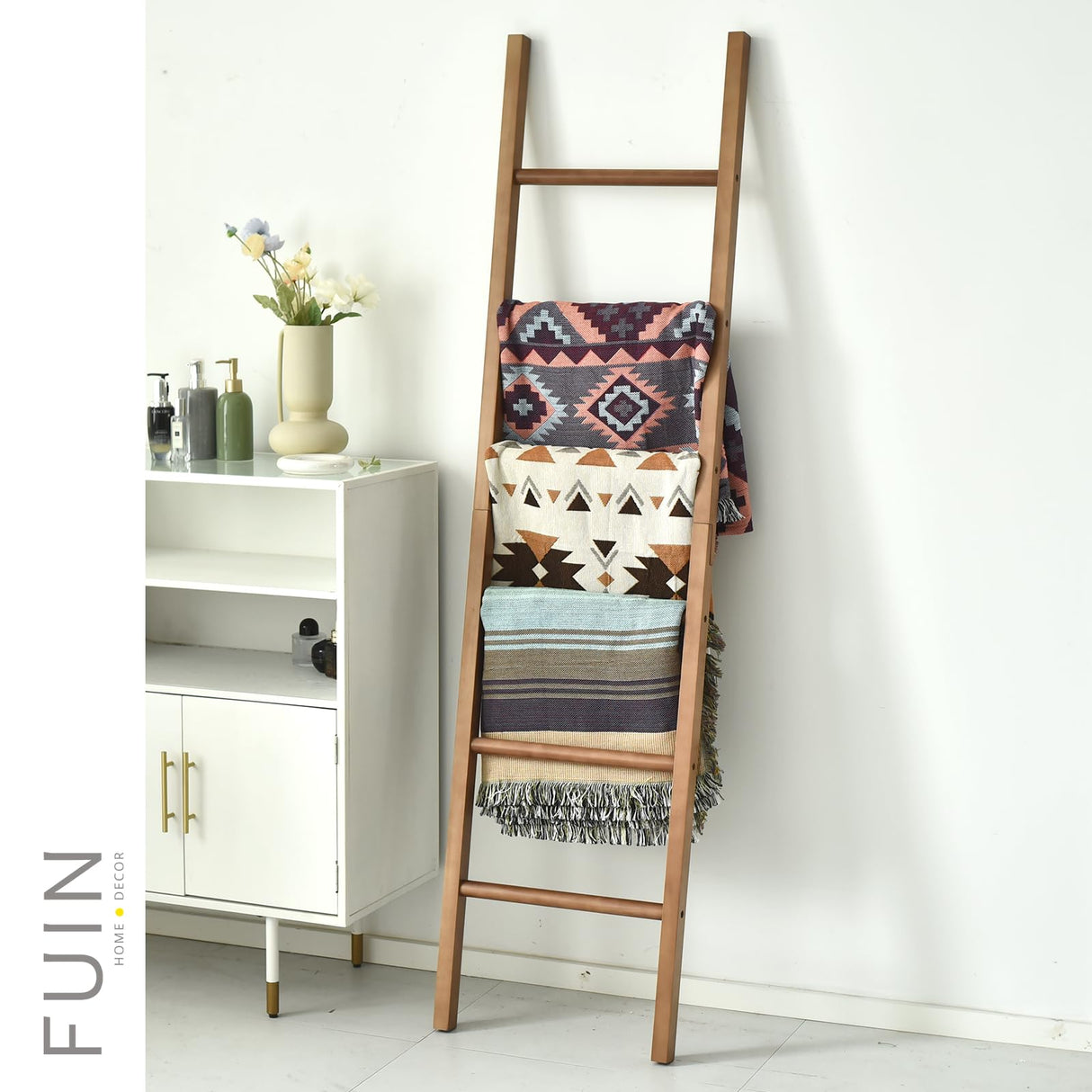 FUIN 6ft Wooden Natural Blanket Ladder Living Room Decorative Wall Leaning Farmhouse Quilt Display Holder Rustic Wood Towel Rack for Bathroom FUIN
