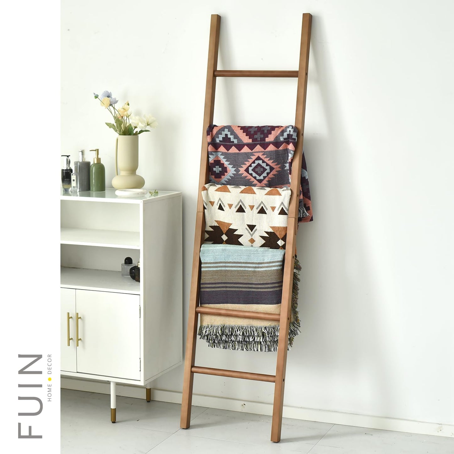 FUIN 6ft Wooden Natural Blanket Ladder Living Room Decorative Wall Leaning Farmhouse Quilt Display Holder Rustic Wood Towel Rack for Bathroom