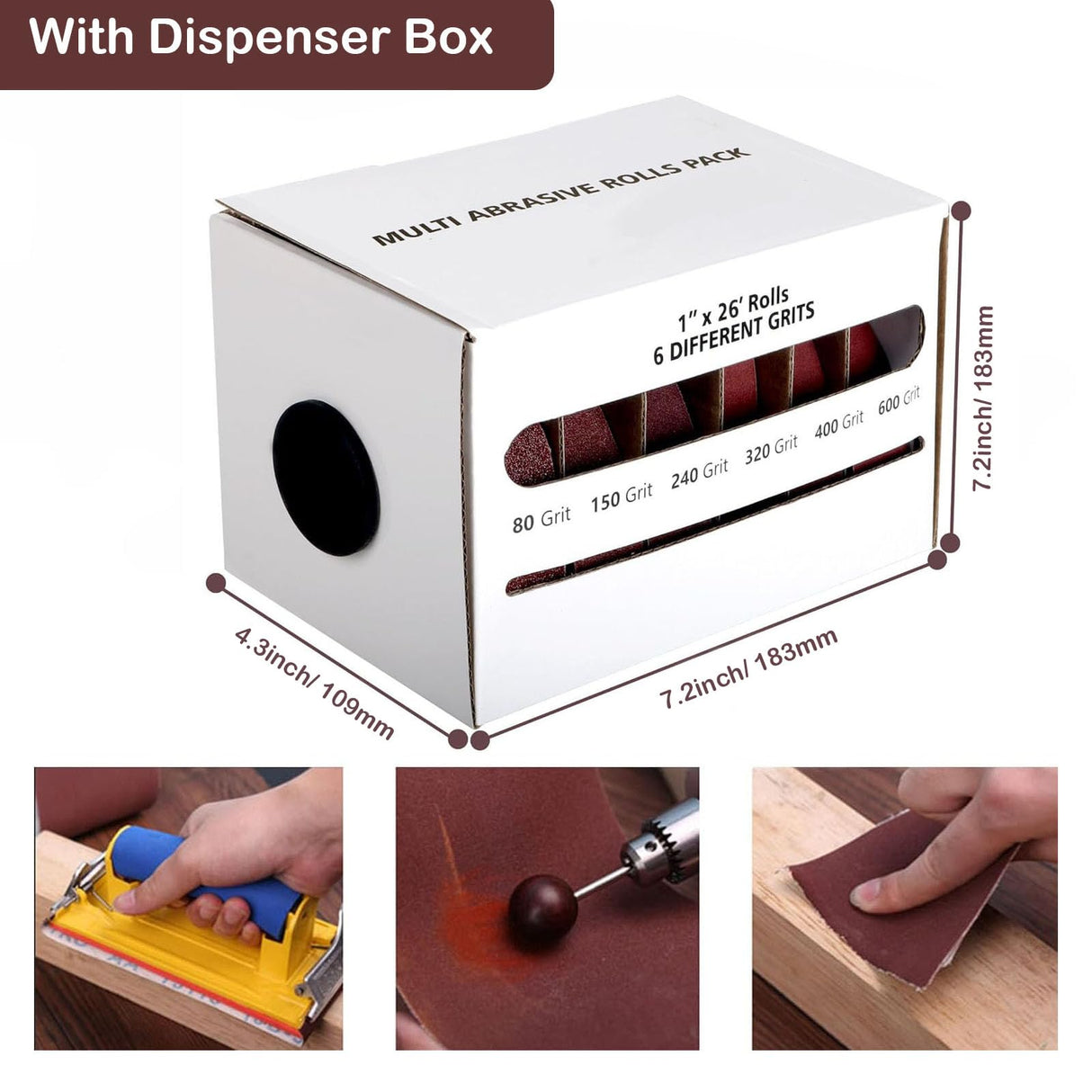 Emery Cloth Roll, 6 Grits 1'' x 26' Sand Paper Roll with Dispenser, 80 150 240 320 400 600 Grit Sandpaper Assortment, Wet Sanding Paper for Metal Automotive Furniture Wood HL-YMXQ