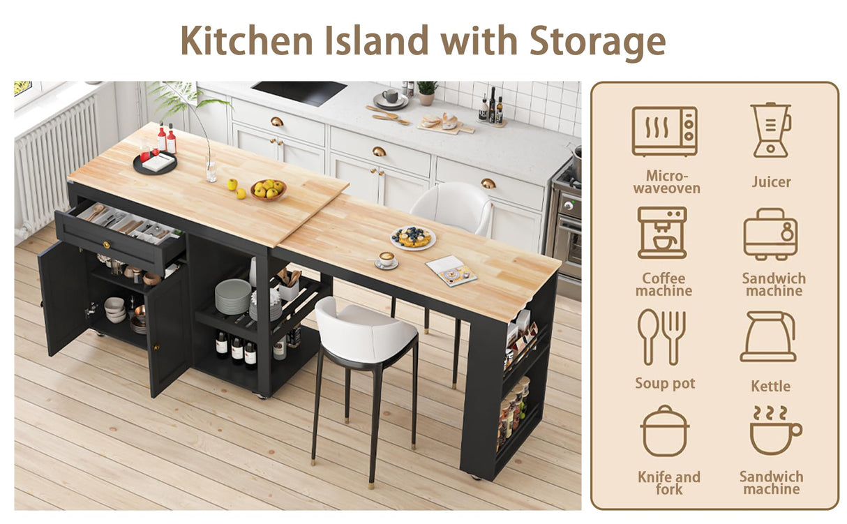 JassmiPkwy 77.8'' Rolling Kitchen Island with Extendable Dining Table for 2-4, 2 in 1 Kitchen Islands Cart on Wheels, Storage Cabinet with Drawer, 2-Tier Storage Shelf, Black JassmiPkwy