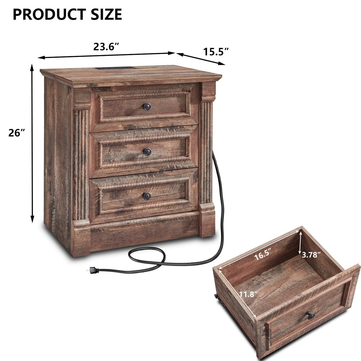 Aitjunz 26" Tall Nightstand with Charging Station, Farmhouse 23.6" Wide Large End Table w/Roman Column, Wood Rustic Side Table w/Metal Handle, 3 Drawers Dresser for Bedroom, Living Room, Light Brown Aitjunz