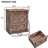 Aitjunz 26" Tall Nightstand with Charging Station, Farmhouse 23.6" Wide Large End Table w/Roman Column, Wood Rustic Side Table w/Metal Handle, 3 Drawers Dresser for Bedroom, Living Room, Light Brown Aitjunz