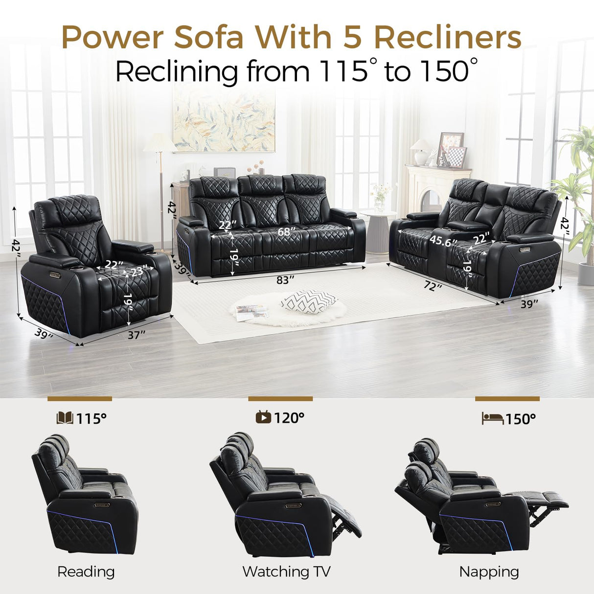Power Recliner Sofa Set of 3 Pieces with Adjustable Headrest, Wireless Charger for Living Room, Electric Reclining Couch, Faux Leather 3 Seaters and Loveseat and Theater Chair with LED Lights, Black Comfort Stretch