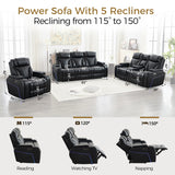 Power Recliner Sofa Set of 3 Pieces with Adjustable Headrest, Wireless Charger for Living Room, Electric Reclining Couch, Faux Leather 3 Seaters and Loveseat and Theater Chair with LED Lights, Black Comfort Stretch